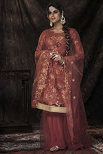 Load image into Gallery viewer, Sequins Work On Net Fabric Function Wear Bewitching Sharara Suit In Rust Color
