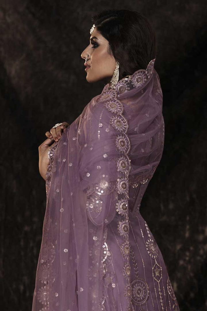 Lavender Color Net Fabric Function Wear Coveted Sharara Suit With Sequins Work