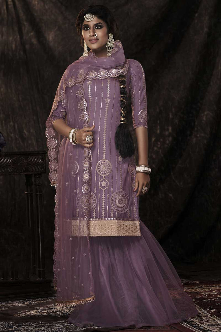 Lavender Color Net Fabric Function Wear Coveted Sharara Suit With Sequins Work
