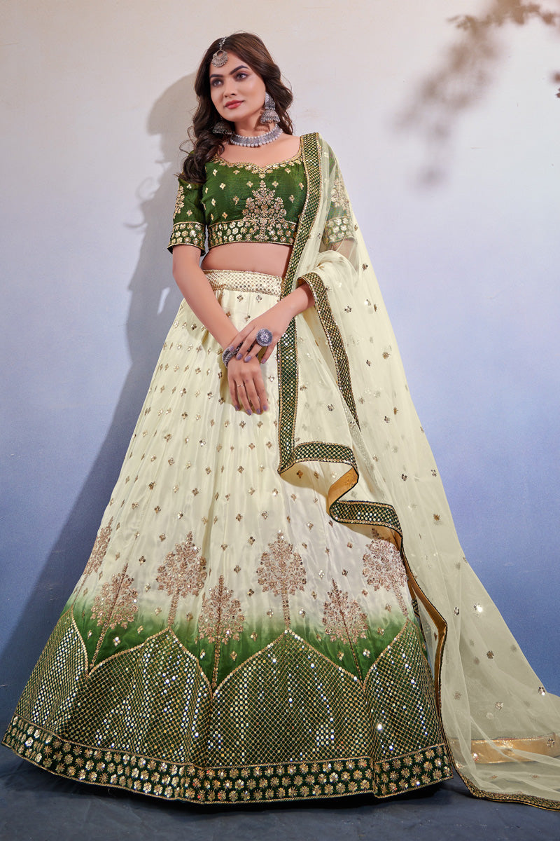 Green Color Chinon Fabric Glamorous Look Sequins Work Lehenga