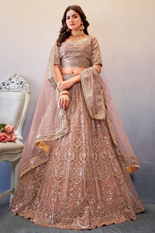 Sequins Work On Beige Color Net Fabric Princely Lehenga Choli