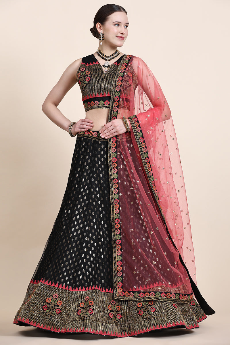 Net Fabric Black Color Elegant Embroidered Work Lehenga