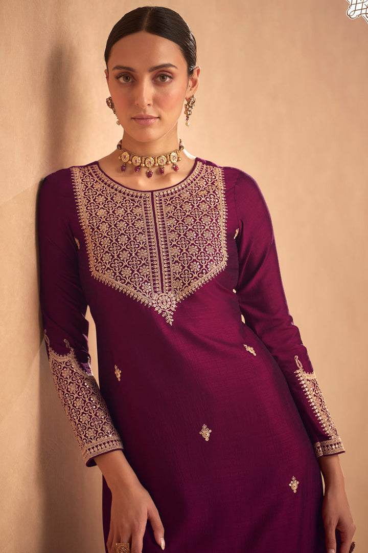 Wine Color Function Style Winsome Art Silk Palazzo Suit