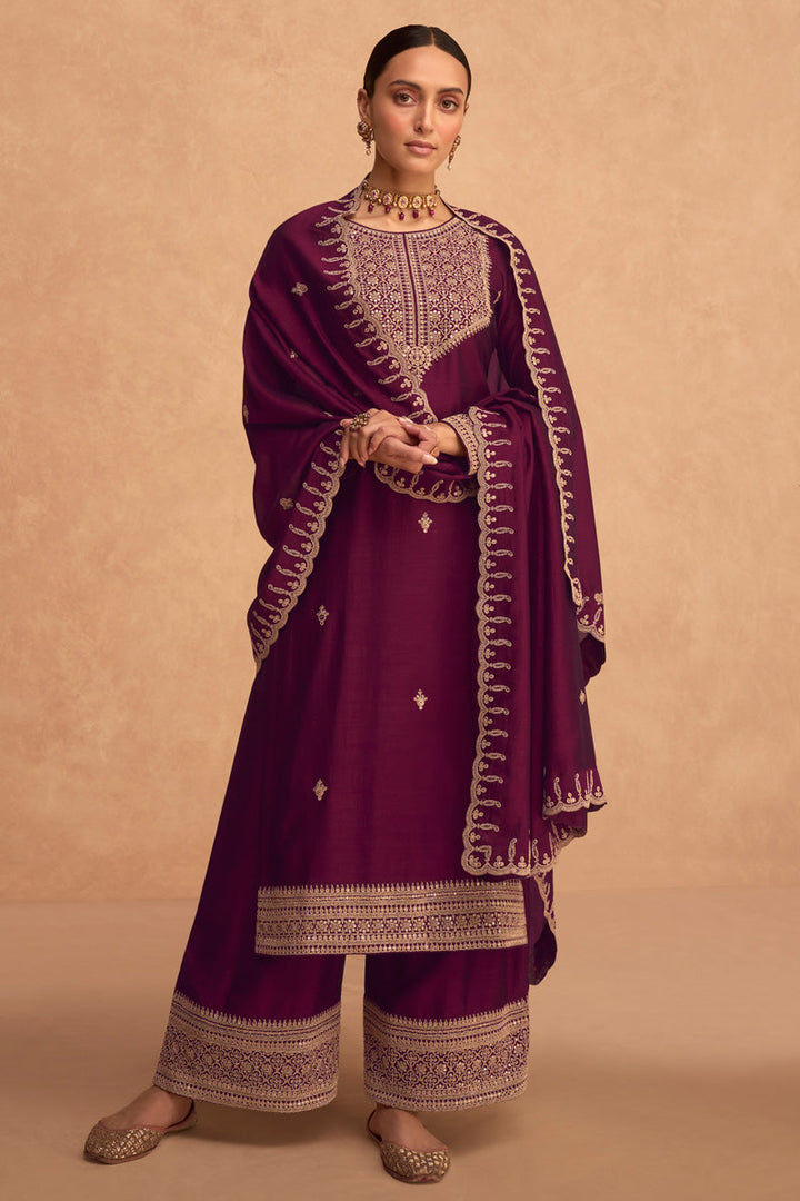 Wine Color Function Style Winsome Art Silk Palazzo Suit