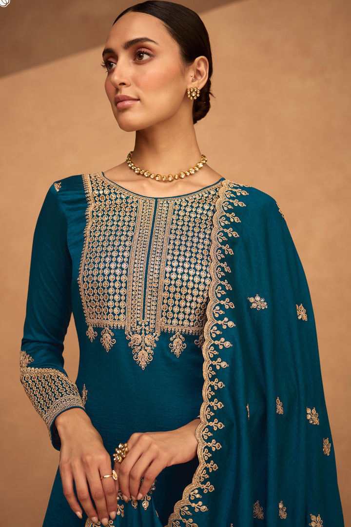 Teal Color Function Style Tempting Art Silk Palazzo Suit