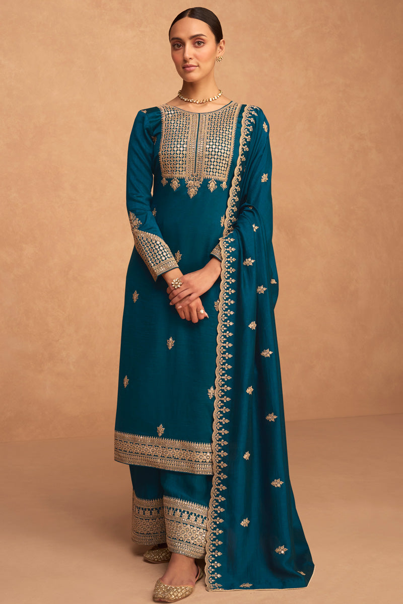 Teal Color Function Style Tempting Art Silk Palazzo Suit