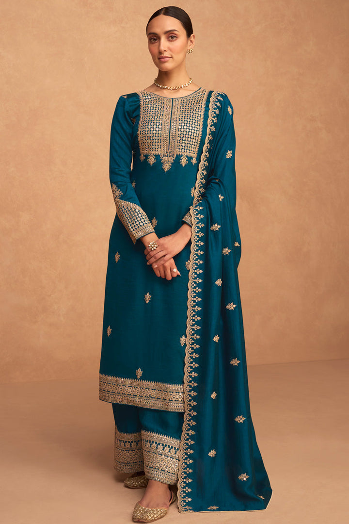 Teal Color Function Style Tempting Art Silk Palazzo Suit