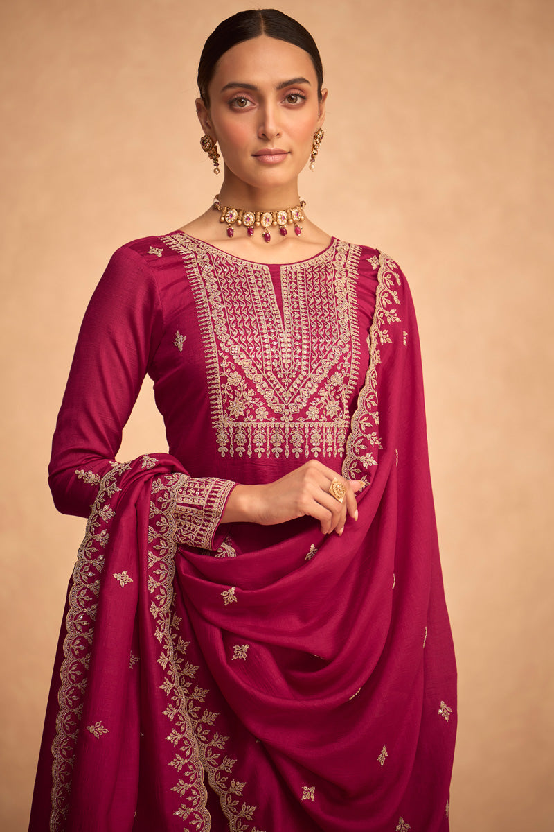 Function Style Beatific Art Silk Palazzo Suit In Rani Color