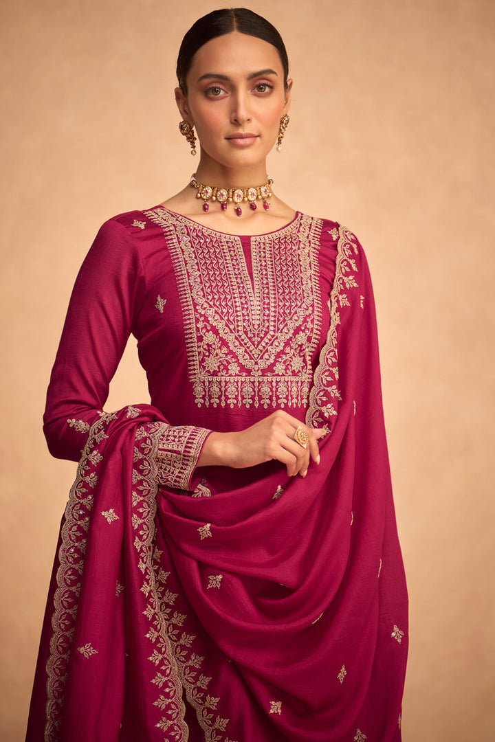 Function Style Beatific Art Silk Palazzo Suit In Rani Color