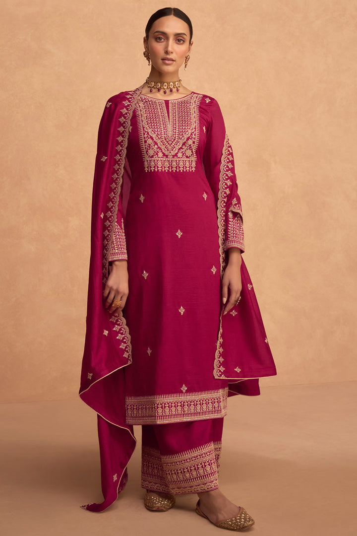 Function Style Beatific Art Silk Palazzo Suit In Rani Color