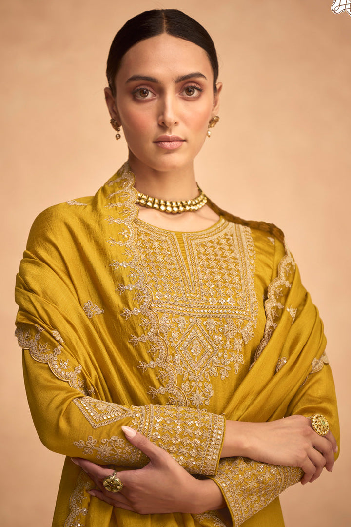 Function Style Mustard Color Inventive Art Silk Palazzo Suit