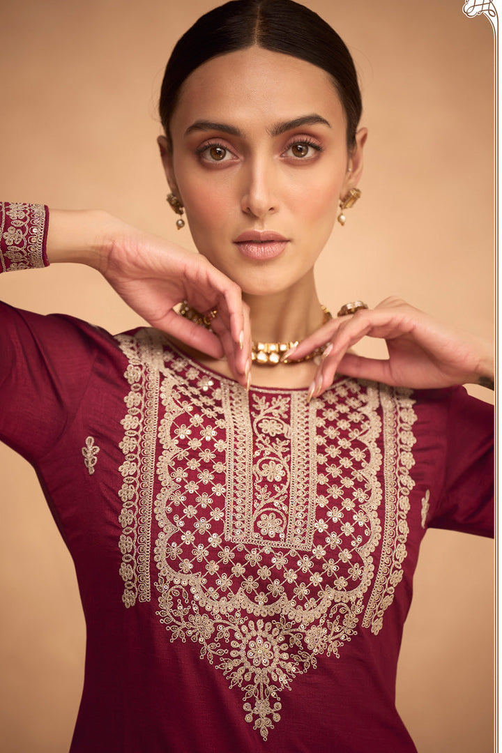 Maroon Color Adorming Function Style Art Silk Palazzo Suit