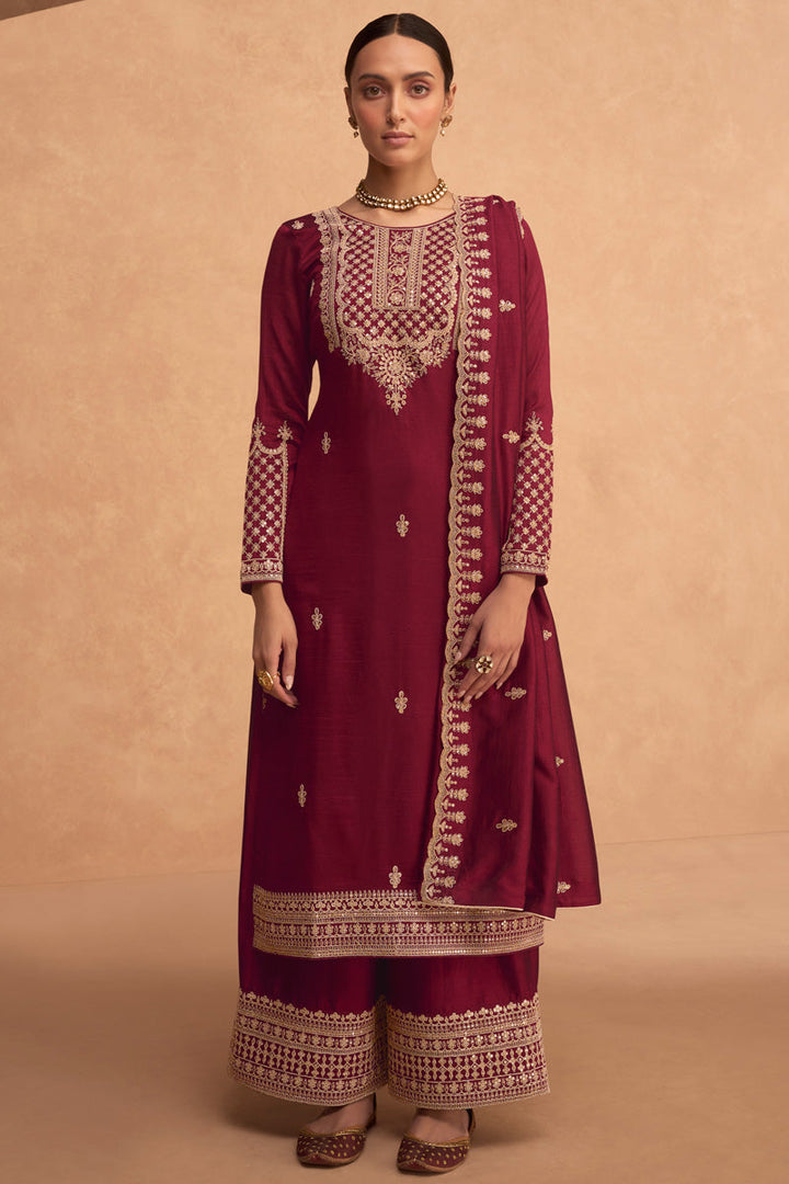 Maroon Color Adorming Function Style Art Silk Palazzo Suit