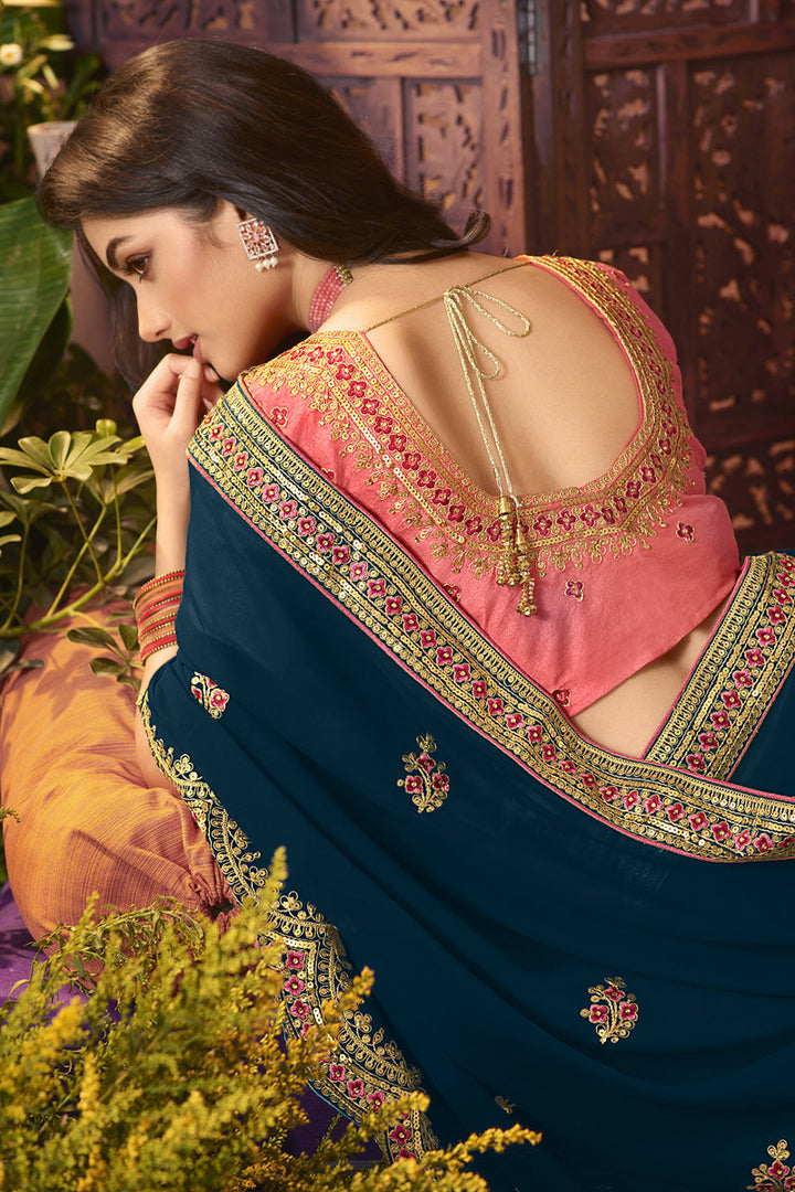 Georgette Fabric Function Wear Navy Blue Color Saree With Embroidered Work