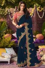 Load image into Gallery viewer, Georgette Fabric Function Wear Navy Blue Color Saree With Embroidered Work
