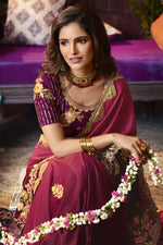 Load image into Gallery viewer, Maroon Color Alluring Fancy Fabric Saree With Embroidered Work Featuring Vartika Singh
