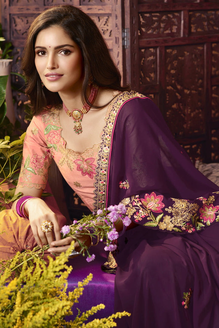 Georgette Fabric Charming Purple Color Saree Featuring Vartika Singh With Embroidered Work