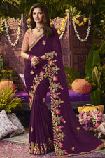 Load image into Gallery viewer, Georgette Fabric Charming Purple Color Saree Featuring Vartika Singh With Embroidered Work
