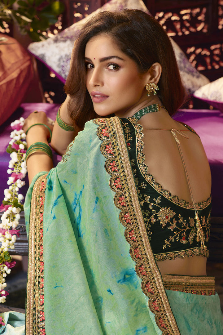Sea Green Color Bright Fancy Fabric Saree With Embroidered Work Featuring Vartika Singh