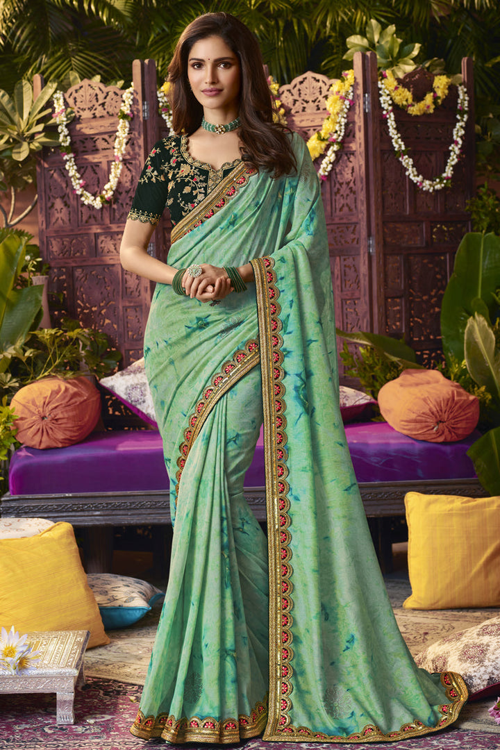 Sea Green Color Bright Fancy Fabric Saree With Embroidered Work Featuring Vartika Singh