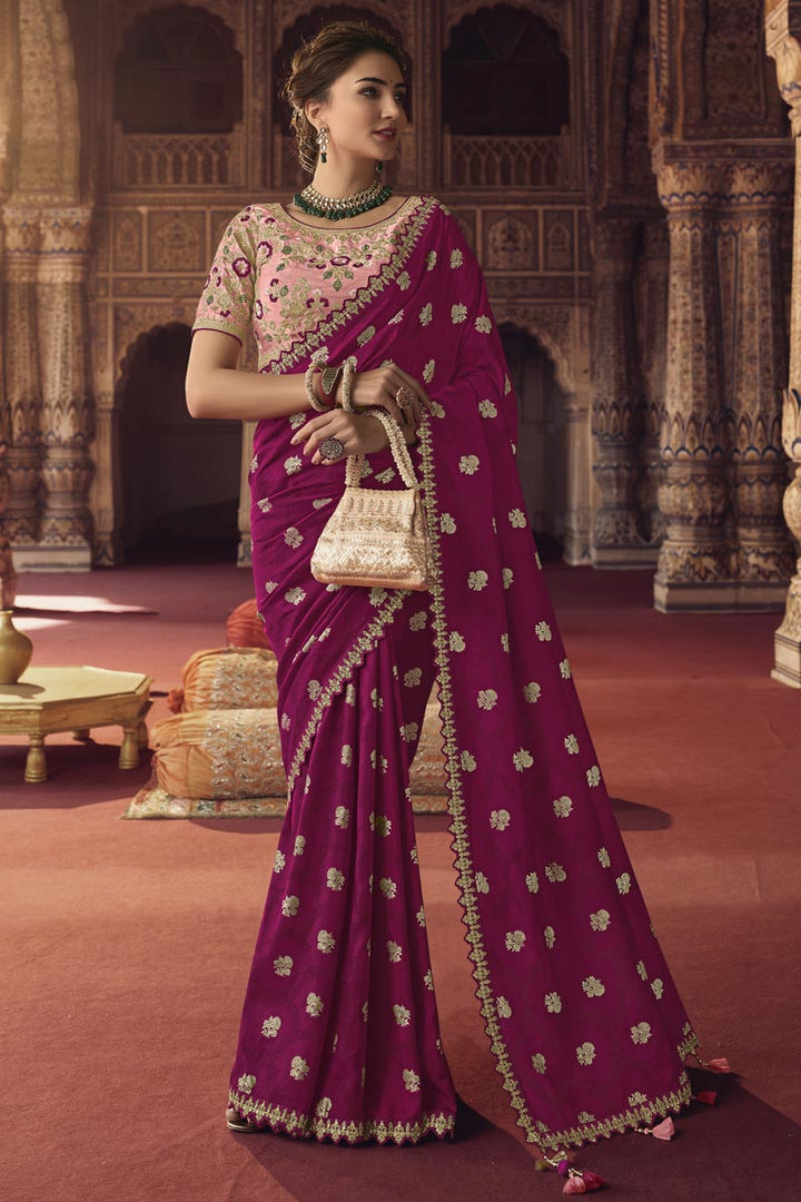 Engaging Wine Color Viscose Fabric Saree With Embroiderd Work