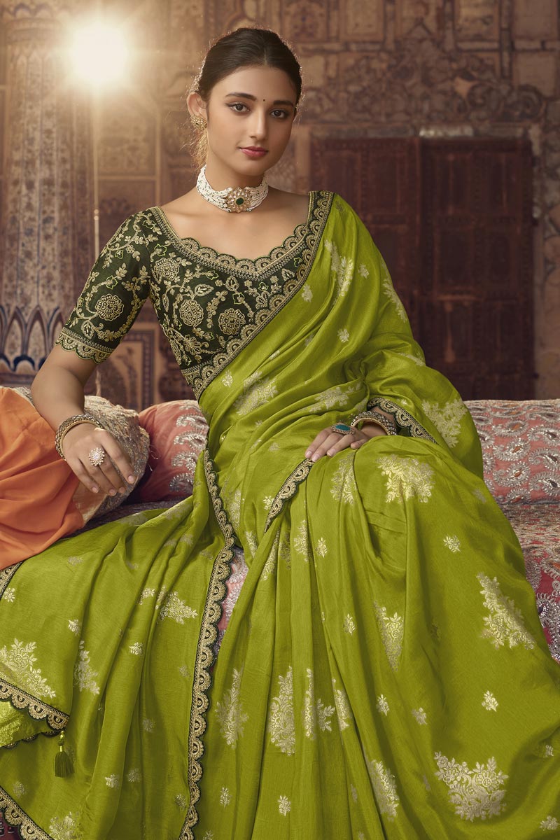 Classic Embroiderd Work On Green Color Saree In Viscose Fabric
