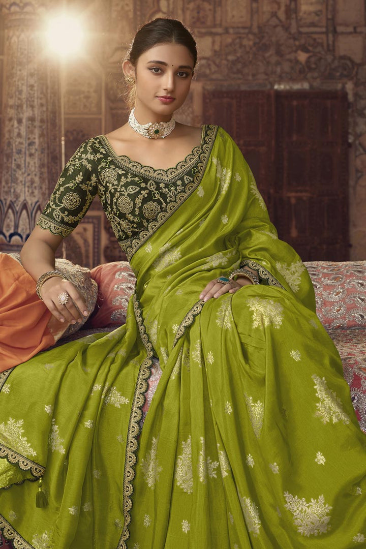 Classic Embroiderd Work On Green Color Saree In Viscose Fabric