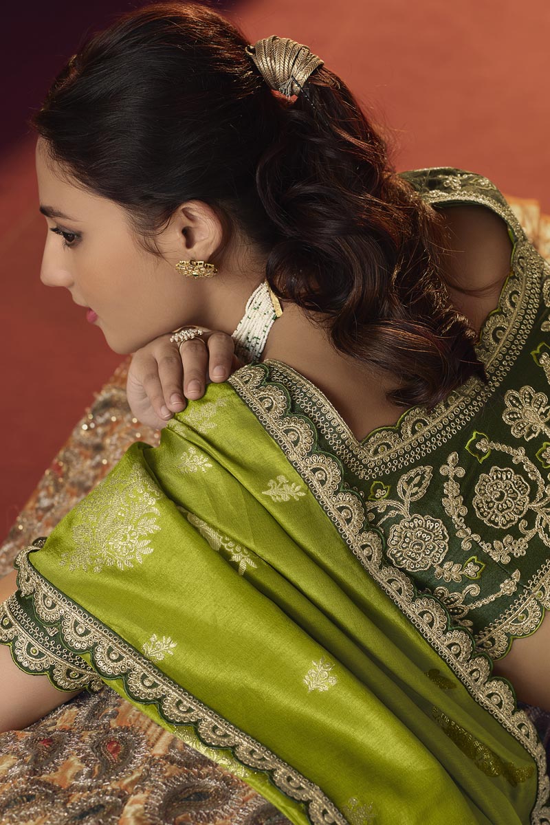 Classic Embroiderd Work On Green Color Saree In Viscose Fabric