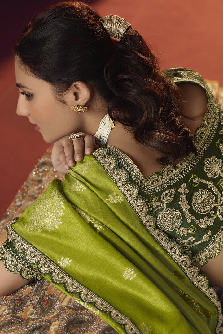Classic Embroiderd Work On Green Color Saree In Viscose Fabric