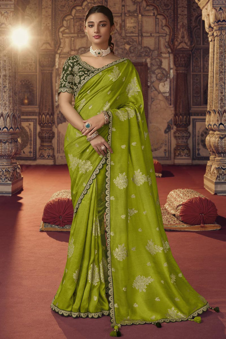 Classic Embroiderd Work On Green Color Saree In Viscose Fabric