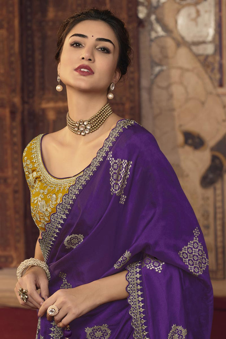 Creative Embroiderd Work On Saree In Purple Color Viscose Fabric