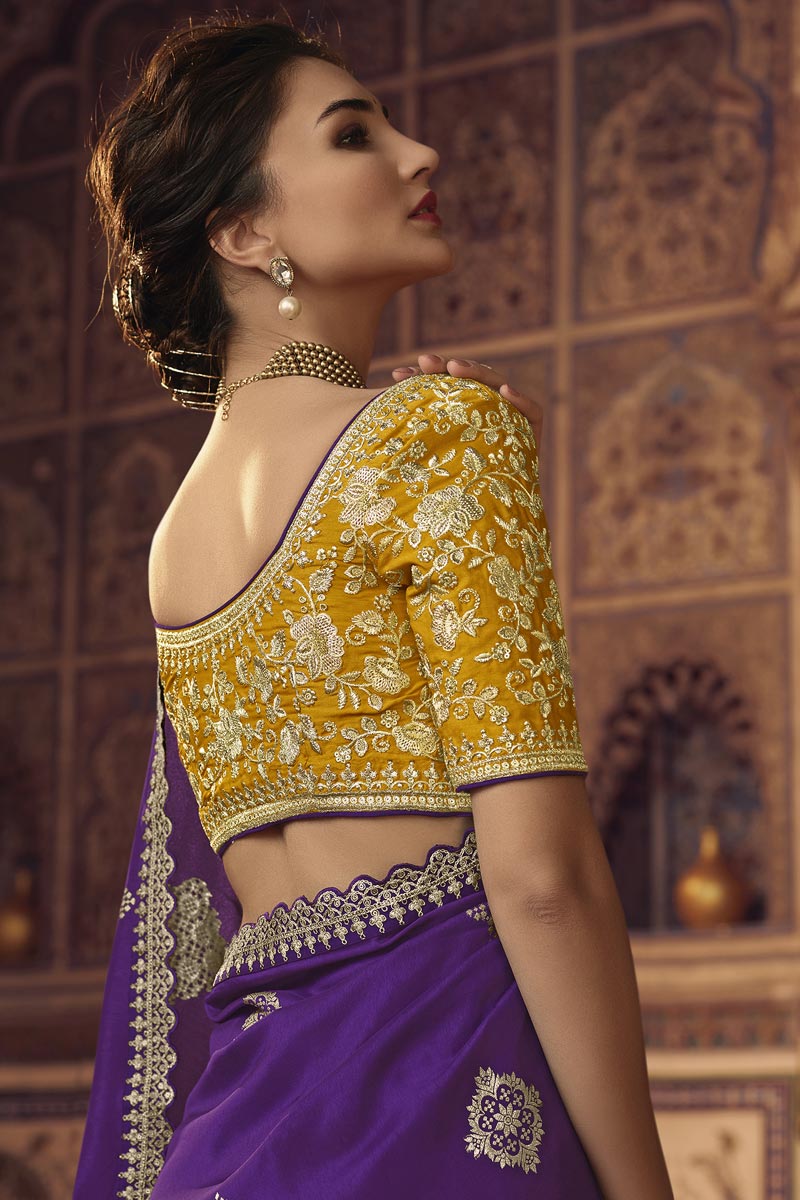 Creative Embroiderd Work On Saree In Purple Color Viscose Fabric