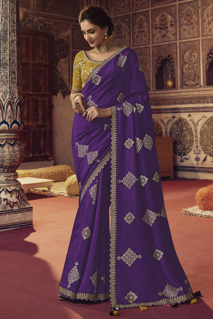 Creative Embroiderd Work On Saree In Purple Color Viscose Fabric