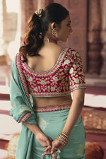 Load image into Gallery viewer, Amazing Light Cyan Color Viscose Fabric Saree With Embroiderd Work
