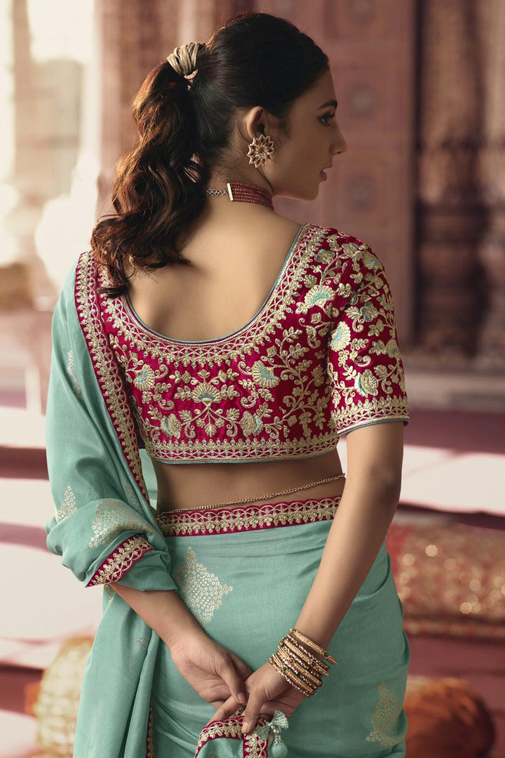 Amazing Light Cyan Color Viscose Fabric Saree With Embroiderd Work