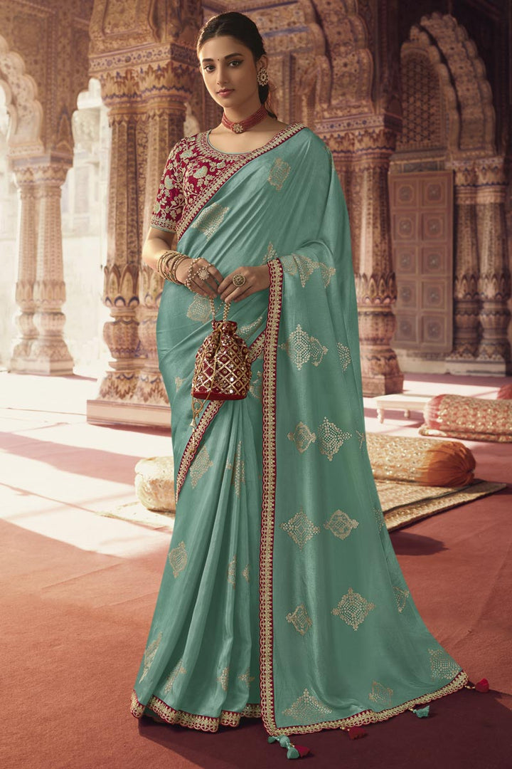 Amazing Light Cyan Color Viscose Fabric Saree With Embroiderd Work