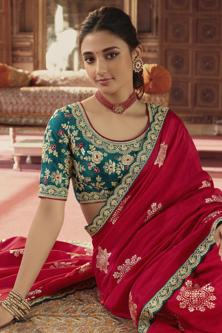 Solid Viscose Fabric Embroiderd Work On Saree In Red Color