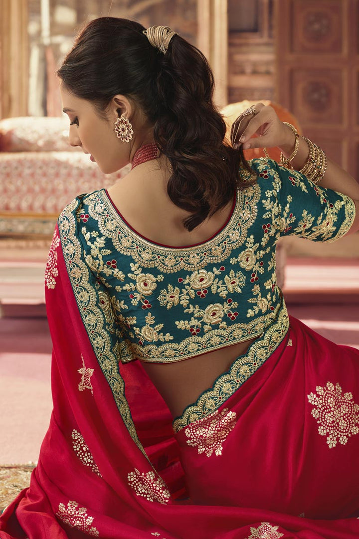 Solid Viscose Fabric Embroiderd Work On Saree In Red Color