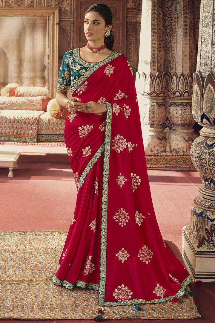 Solid Viscose Fabric Embroiderd Work On Saree In Red Color