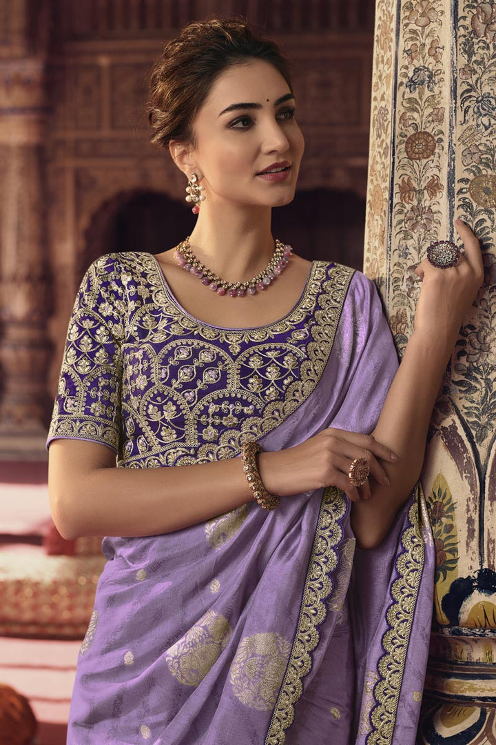 Sober Lavender Color Viscose Fabric Saree With Embroiderd Work