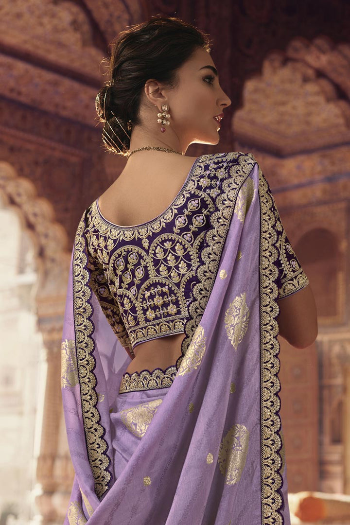 Sober Lavender Color Viscose Fabric Saree With Embroiderd Work