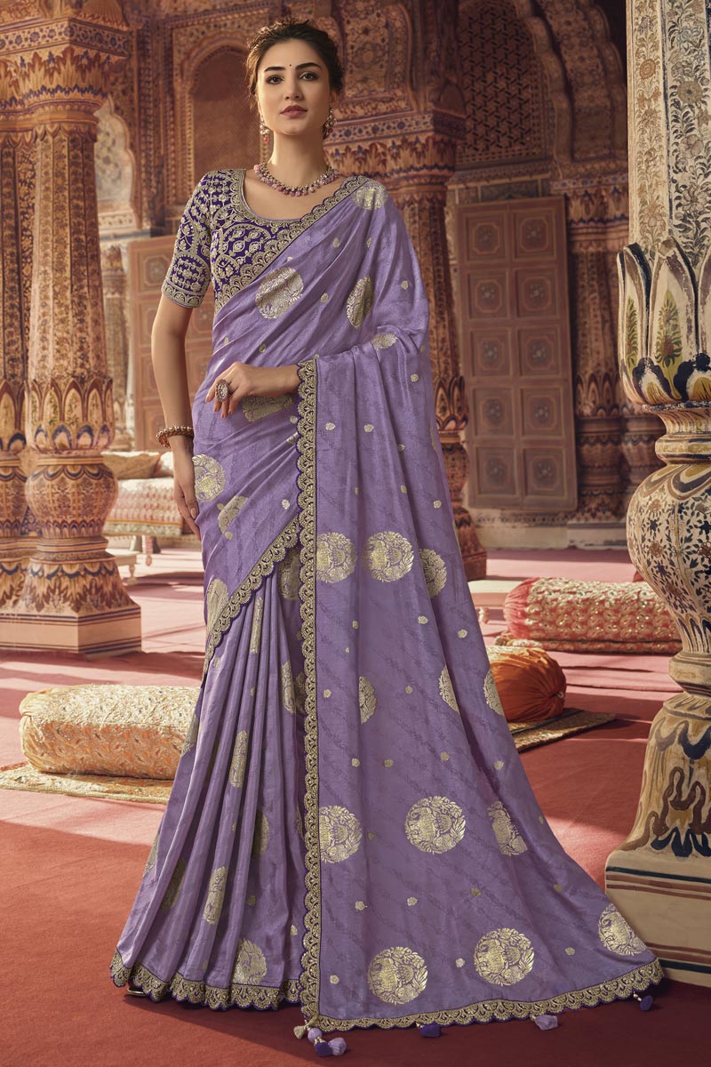 Sober Lavender Color Viscose Fabric Saree With Embroiderd Work