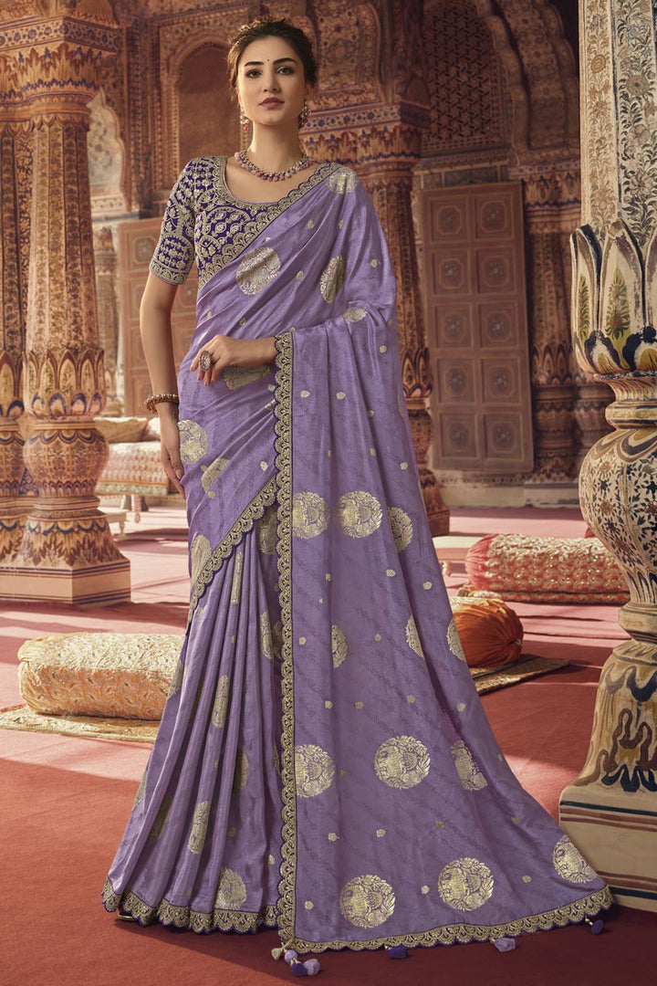 Sober Lavender Color Viscose Fabric Saree With Embroiderd Work
