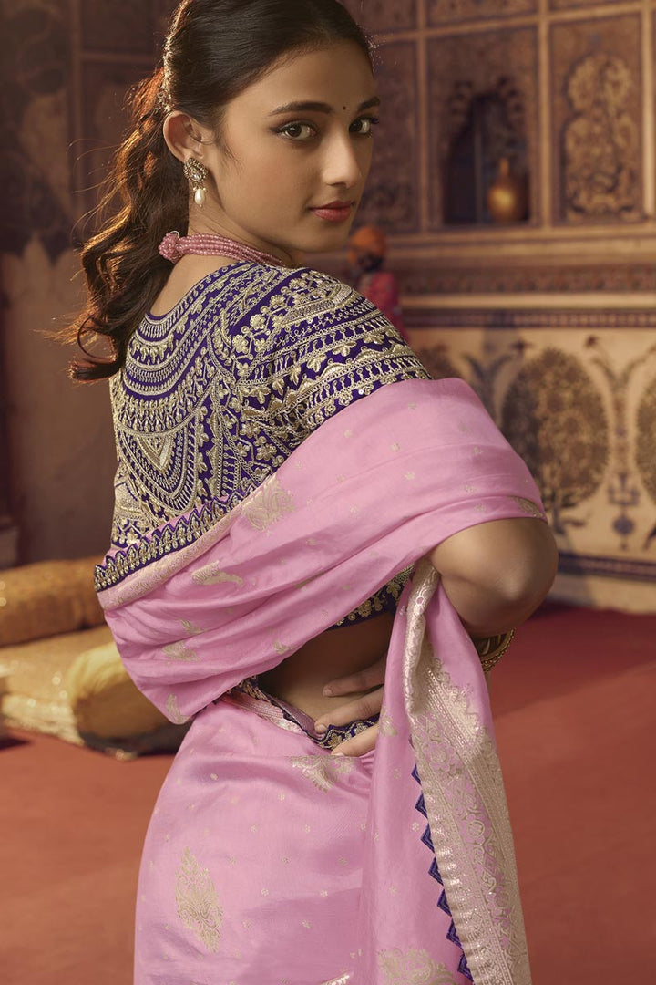 Pink Color Embroiderd Work On Engaging Viscose Fabric Saree