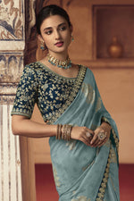 Load image into Gallery viewer, Incredible Embroiderd Work On Viscose Fabric Cyan Color Saree
