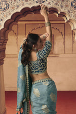 Load image into Gallery viewer, Incredible Embroiderd Work On Viscose Fabric Cyan Color Saree
