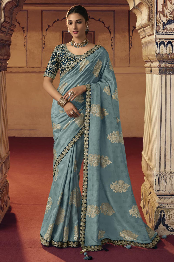 Incredible Embroiderd Work On Viscose Fabric Cyan Color Saree