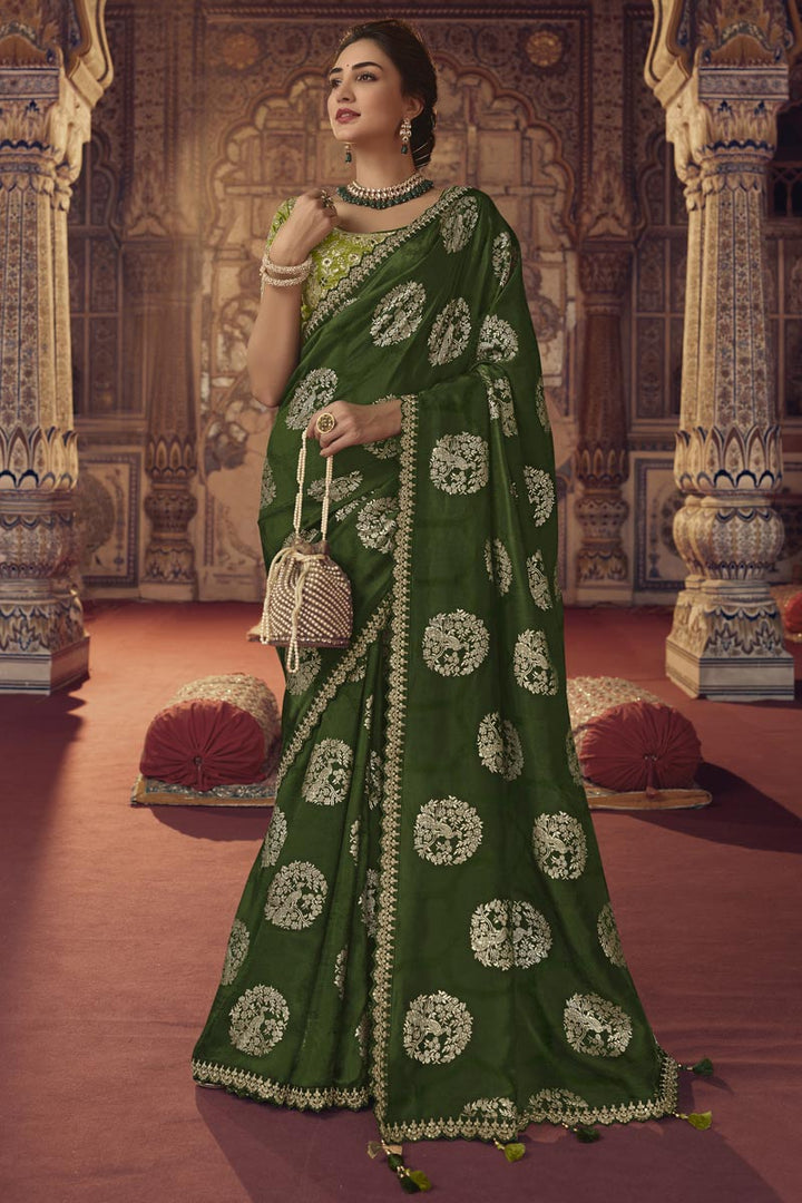 Tempting Viscose Fabric Dark Green Color Saree With Embroiderd Work