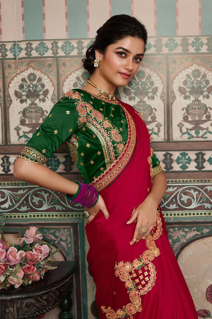 Fancy Fabric Party Wear Red Color Embroidered Designer Saree