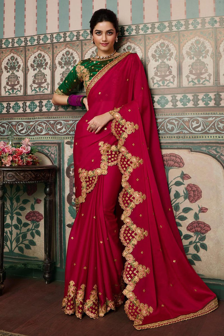 Fancy Fabric Party Wear Red Color Embroidered Designer Saree